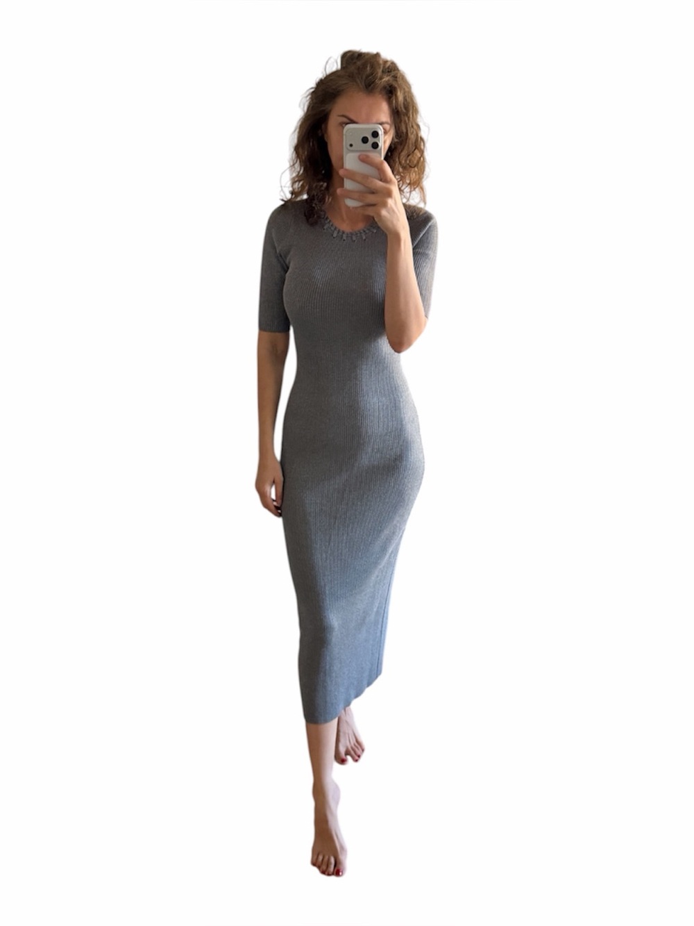 Nwt Camila Coehlo Grey Knit Maxi Dress Ribbed Short Sleeves size S